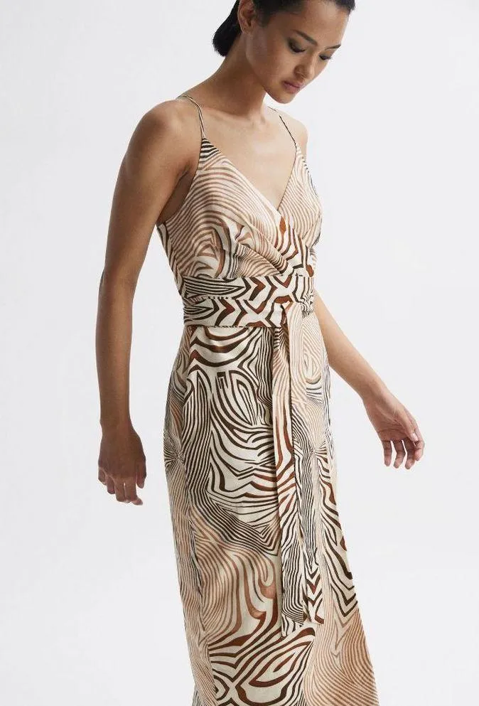 REISS Rosie Animal Print Belted Woven Midi Dress Brown Womens Size 2 - Image 3