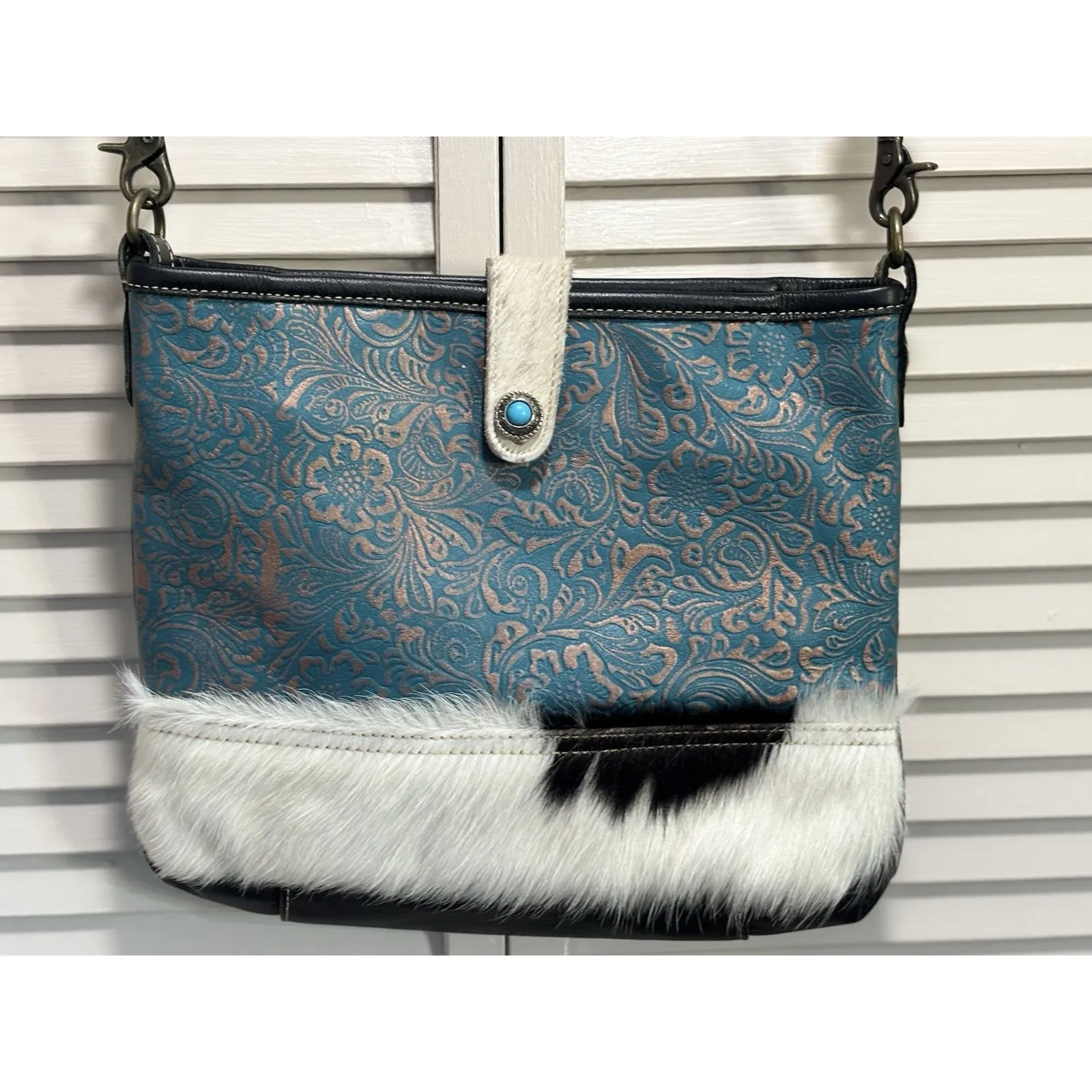 Myra Hair On Black/White‎ Leather Turquoise/Rose Gold Hand Tooled Shoulder Bag Black - Image 3