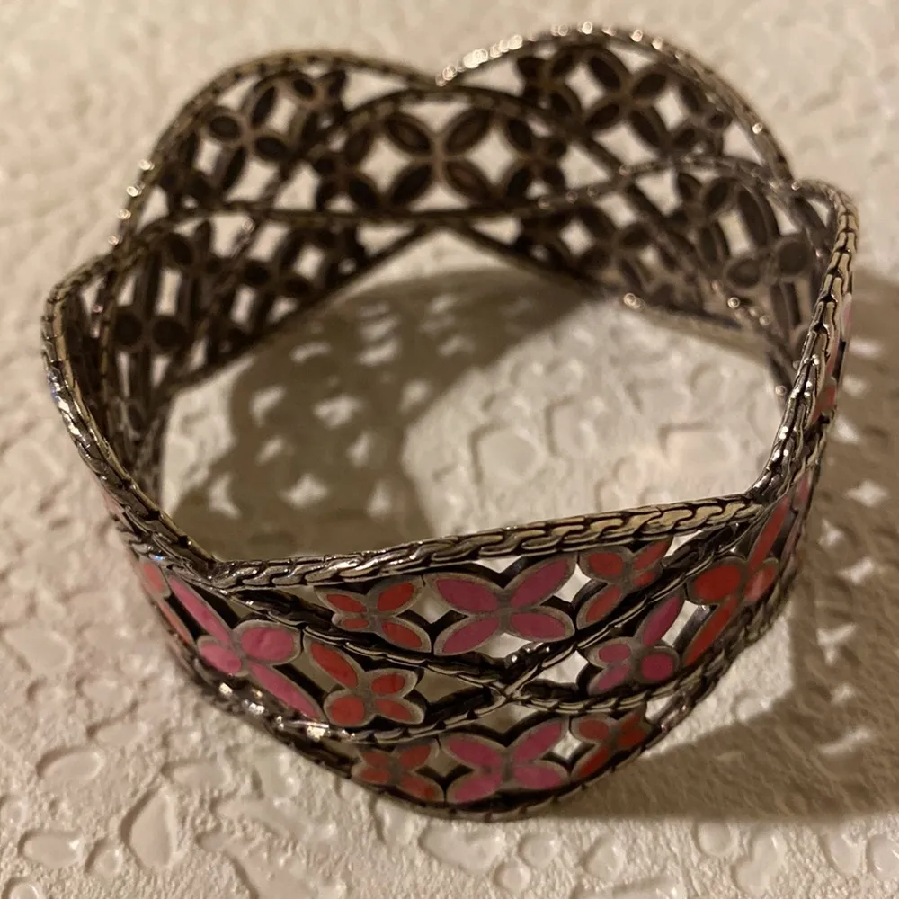 John Hardy Sterling Silver Wide Cuff Bracelet Kawung Flower Pink Orange … - Image 14