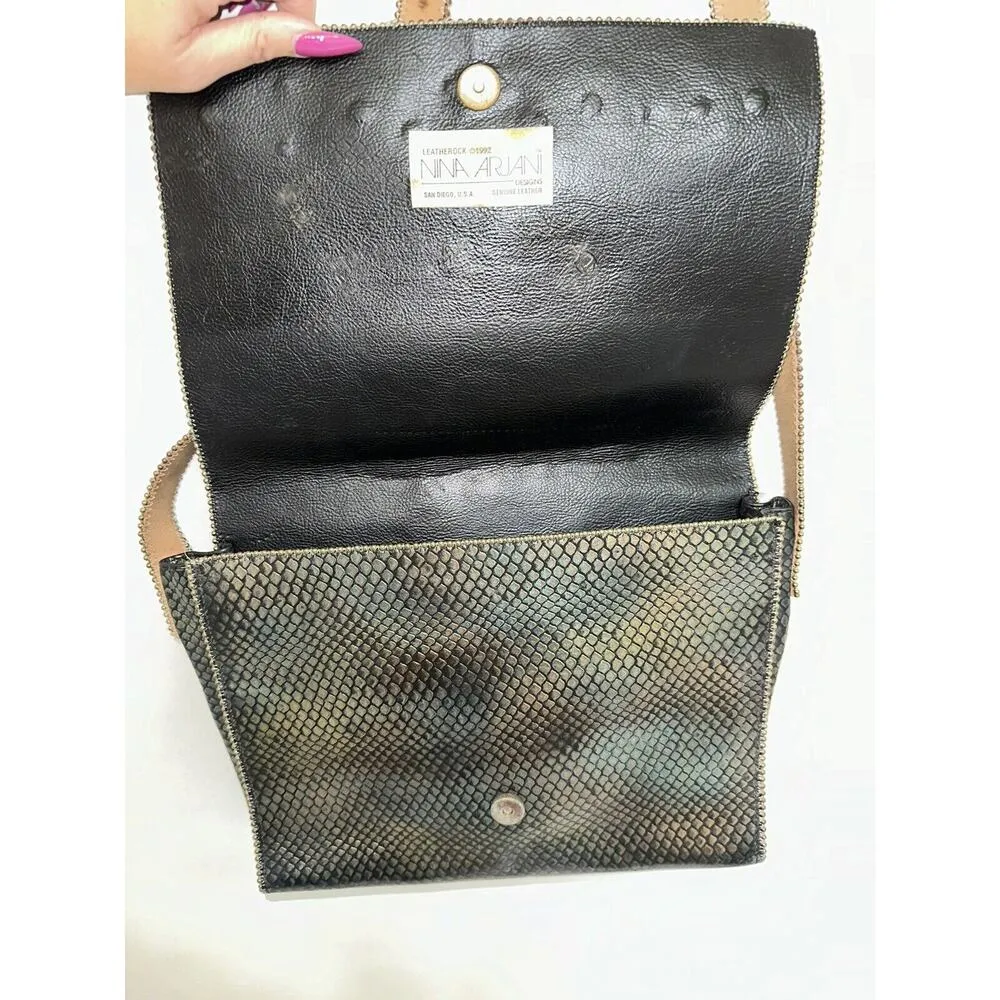 1992 Nina Arjani Leather 12x10" Shoulder Bag Cross Body Metallic Gold Snakeskin Black - Image 7