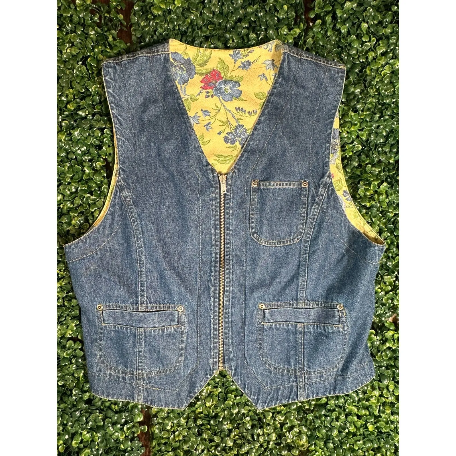 Vintage LizWear Bohemian Blue Yellow Floral Denim Reversible Vest - Image 3