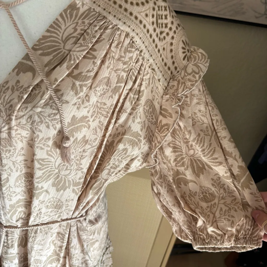 SPELL & THE GYPSY Lioness Boho Paisley Floral Ruffle‎ Tunic Dress in Smoke XS Tan - Image 6