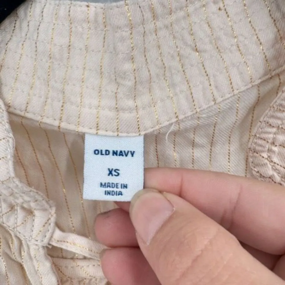 Old Navy Women’s Peasant Poets Metallic-Stripe Split-Neck Blouse Cream & Gold XS - Image 4