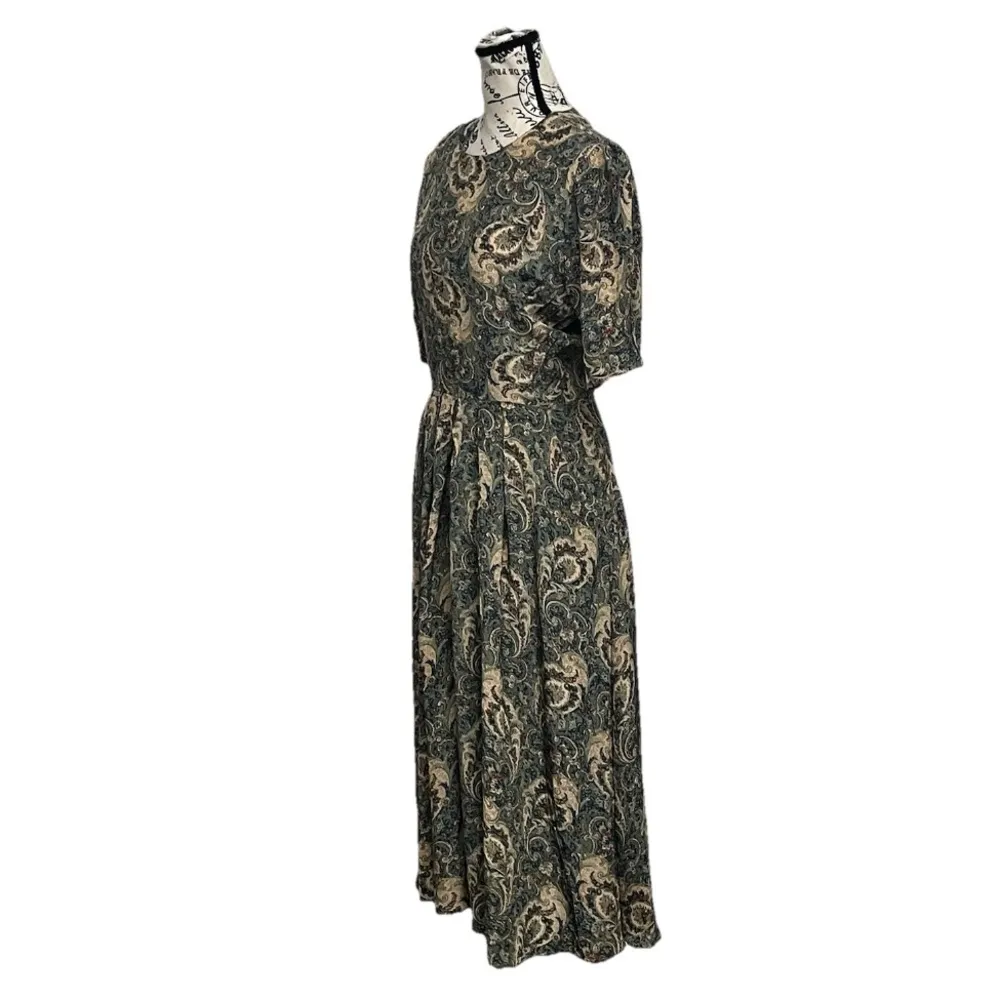Michelle Stuart Vintage Paisley Midi Dress M Cottagecore Modest Peasant Boho Green - Image 3