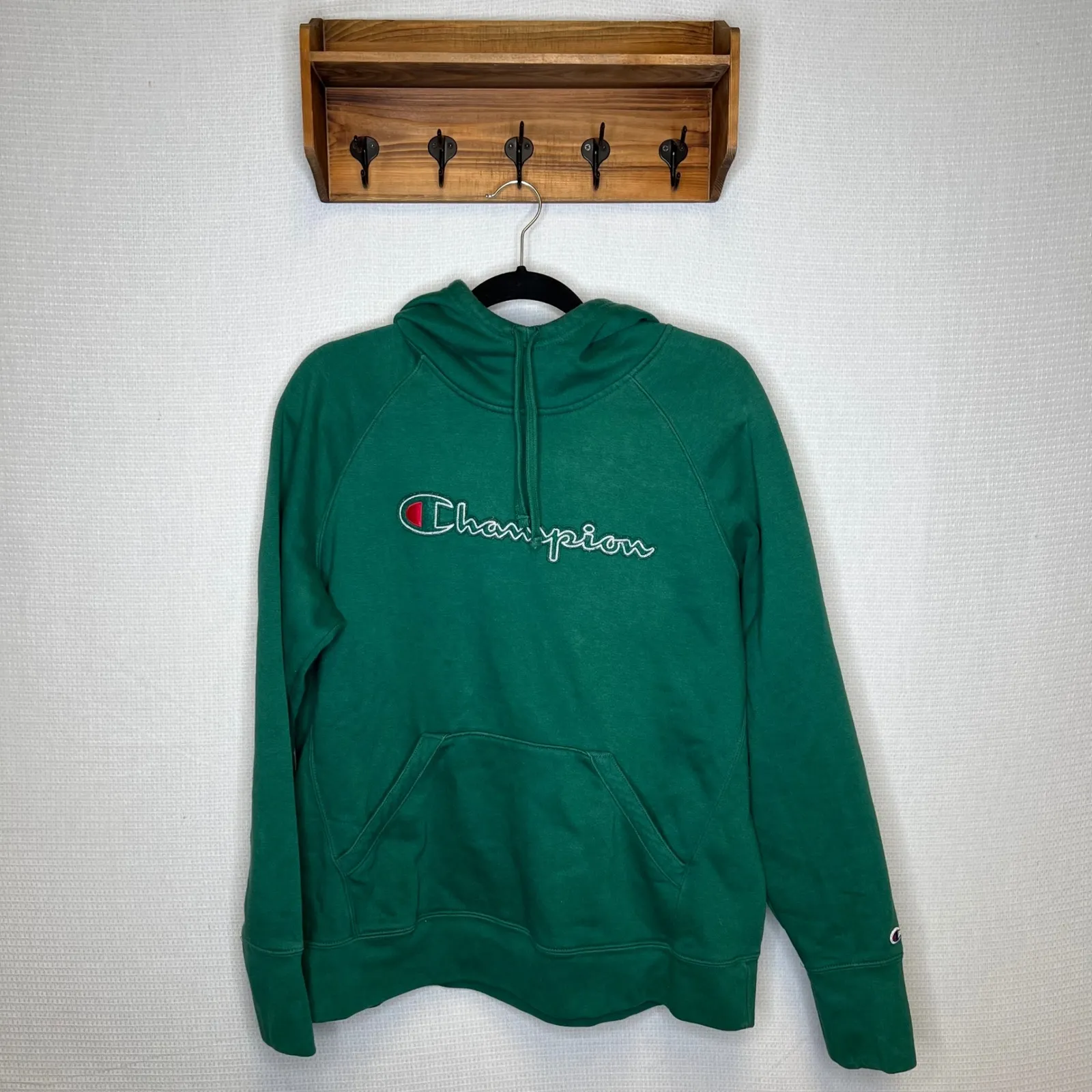 Champion Green Hoodie Sweatshirt Logo Graphic Pullover Hooded Fleece Large - Image 2