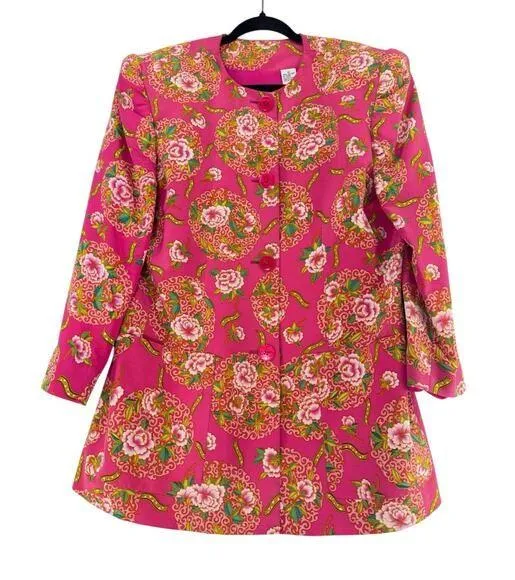 Dana Buchman 100% silk blazer in a bold pink floral print. Size 14. Button front - Image 1
