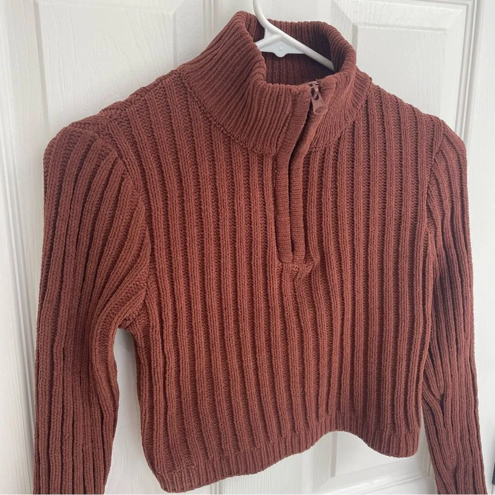 Hazel Moon Brown Cropped Sweater Quarter Zip Women’s Size XS - Image 3