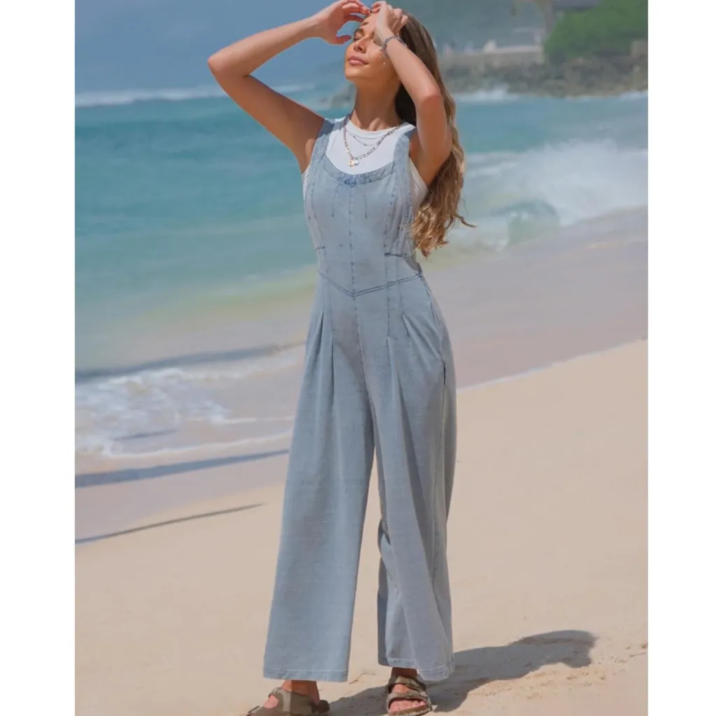 NWOT EXLURA Women’s Loose Fit Wide Leg Denim Overalls – Medium - Image 3