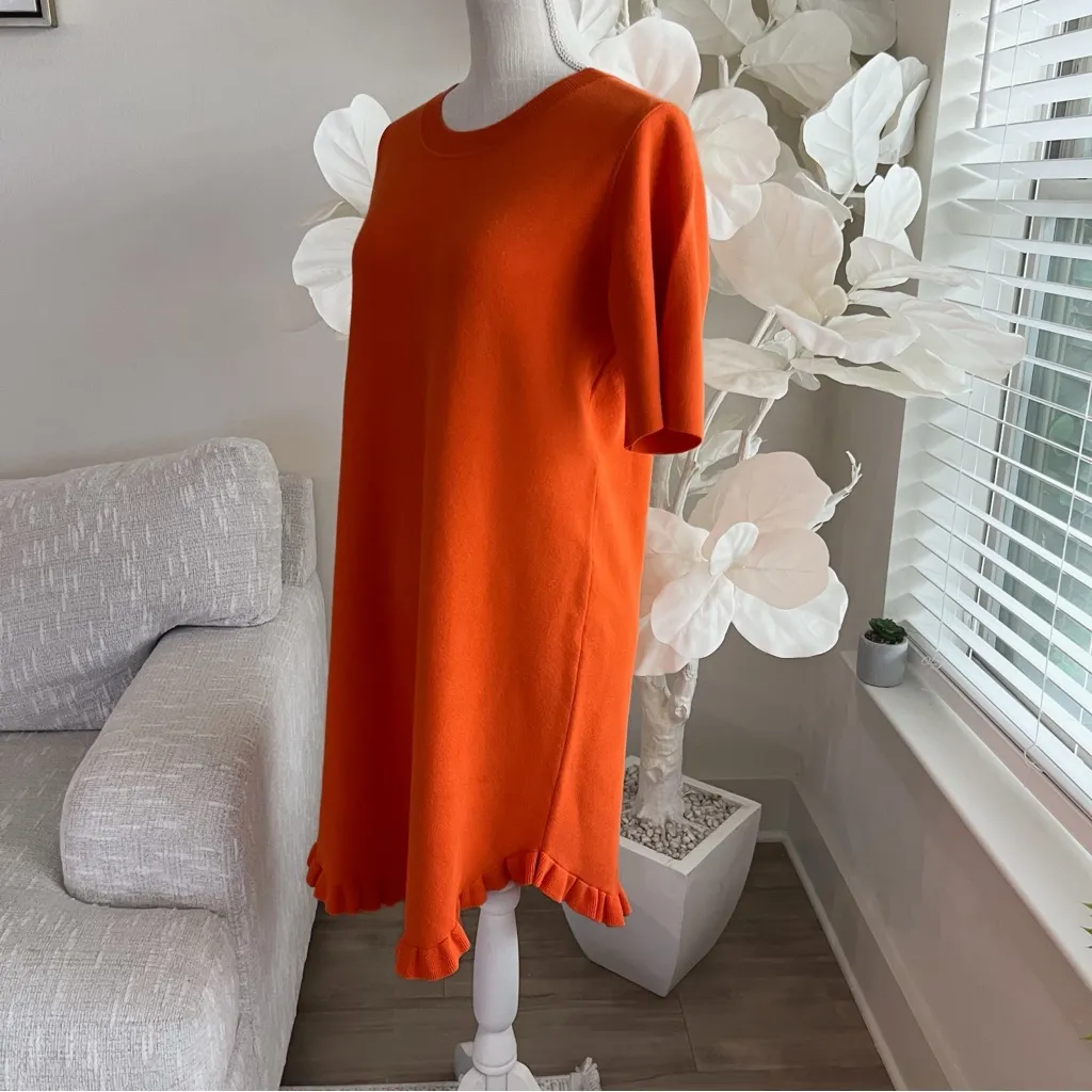 See By Chloe Orange Stretch Knit Ruffle Trimmed Short Sleeve Midi Dress - Image 5