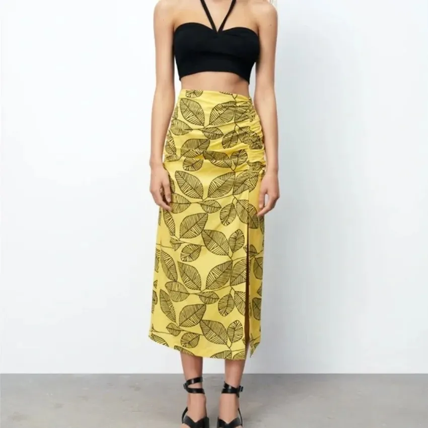 Zara Yellow Linen Blend Leaf Print Skirt & Crop Top Co-ord Set XL Resort Blogger - Image 4