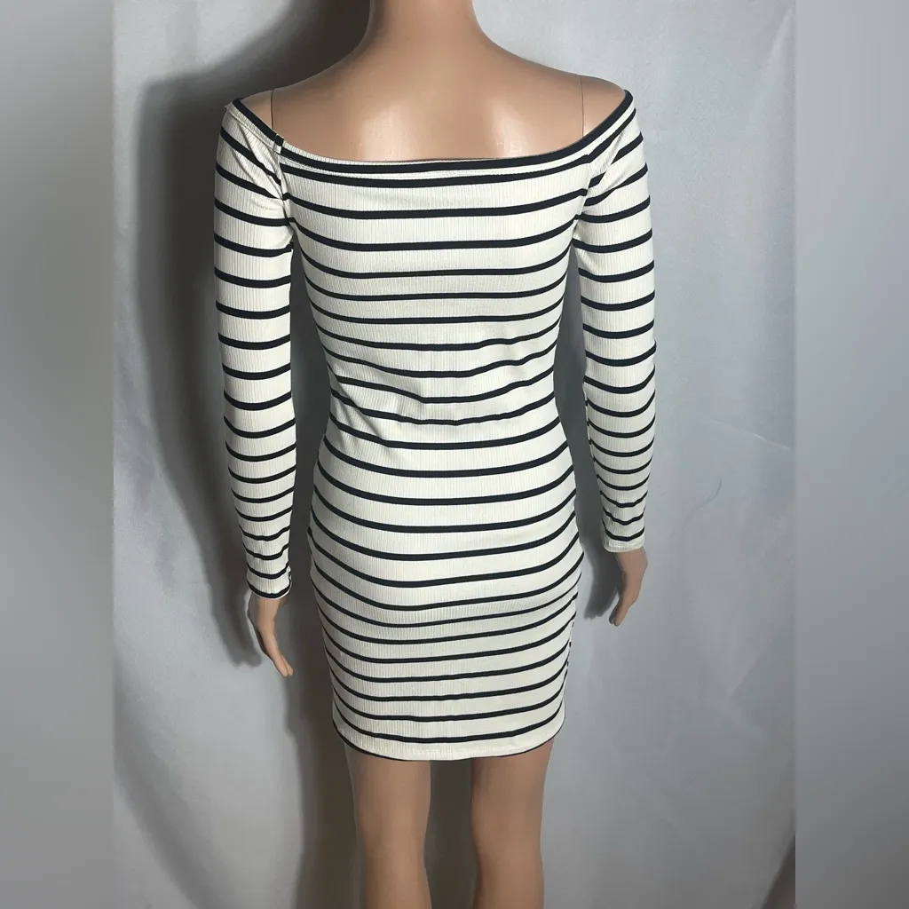 Better Be Striped Button Front Bodycon Mini Dress Off Shoulder Size S - Image 3