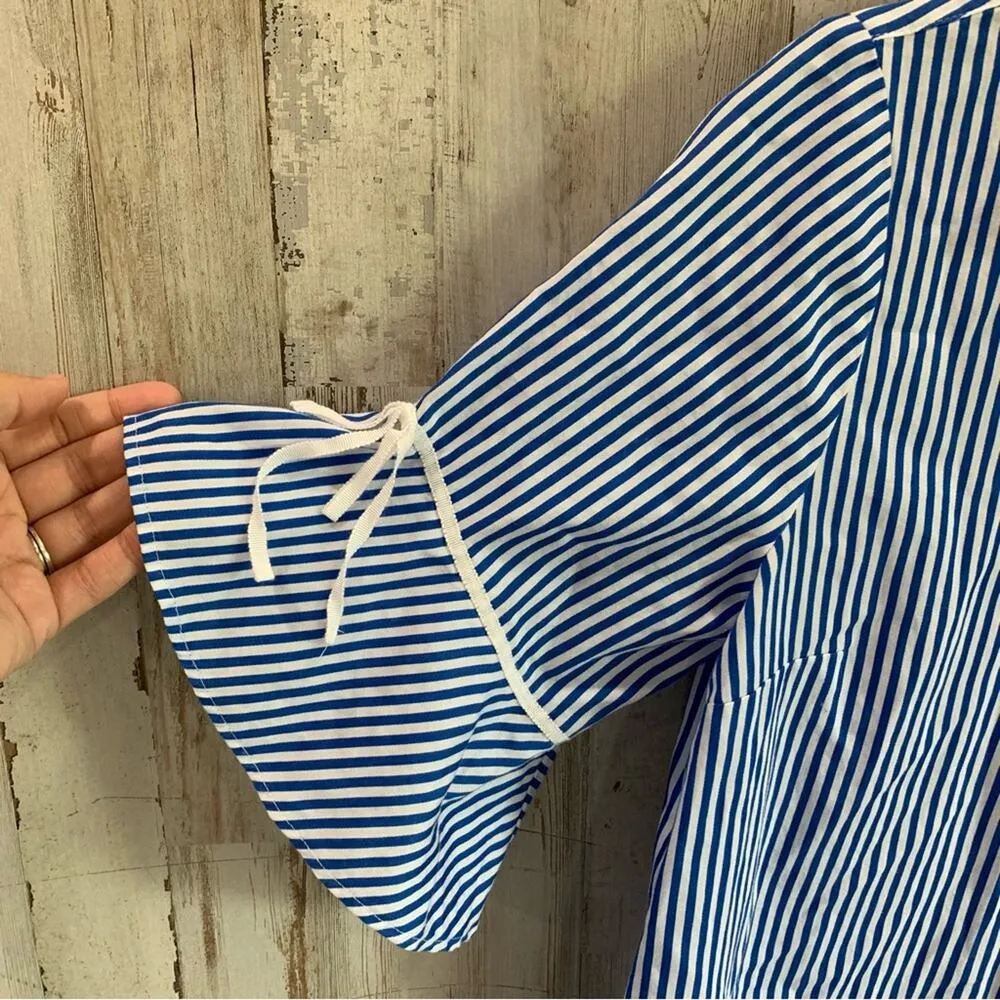 Draper James Blue Stipe Belle Sleeve Southern Button Front Dainty Blouse - Image 2