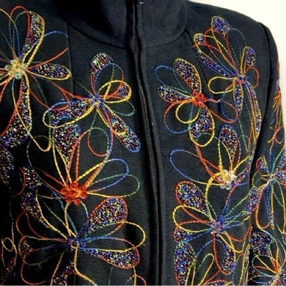 VINTAGE Boho Jacket Women’s Medium Front Zip Embroidered Sequin Floral Anage Black - Image 4