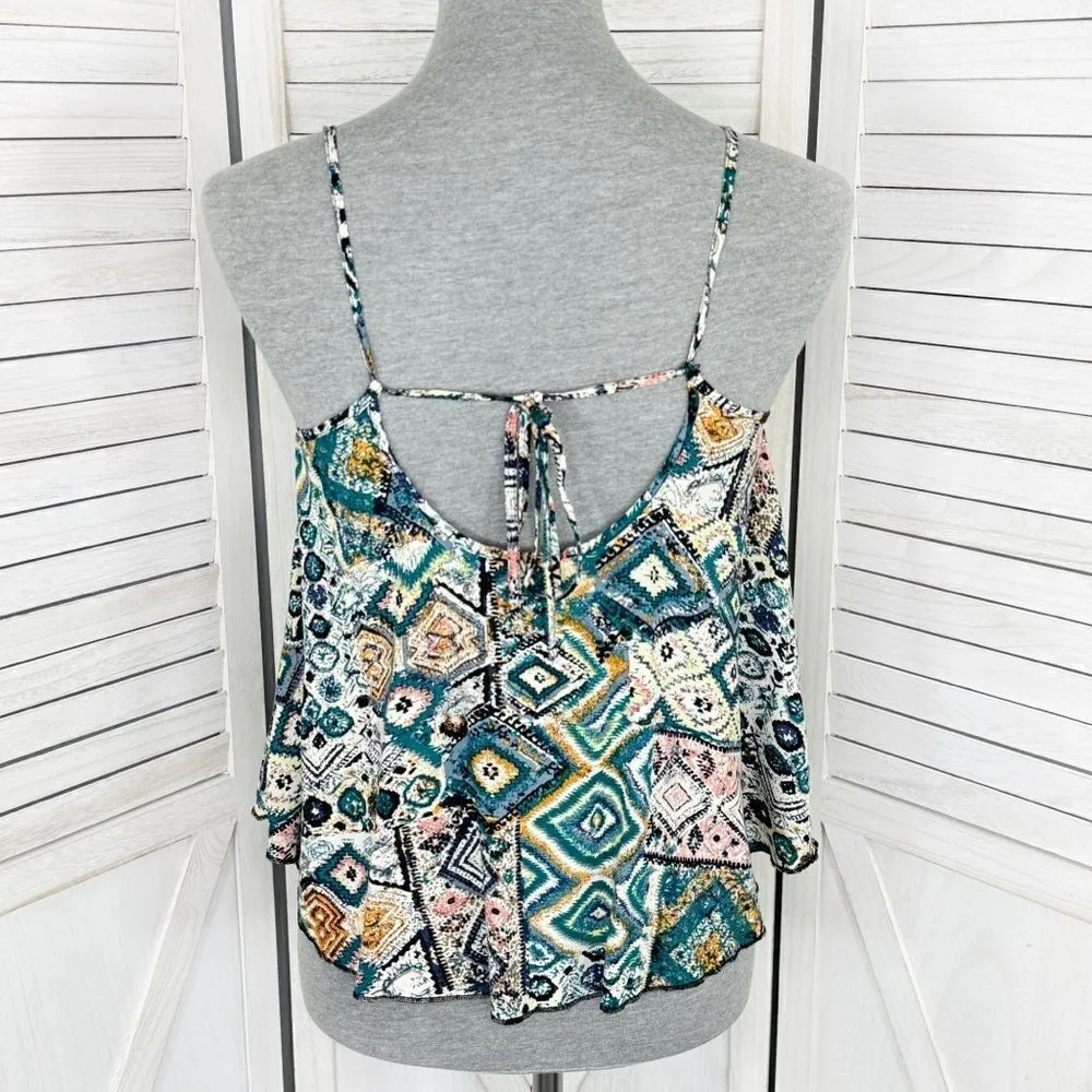 Elodie Tribal Print Tie Back Cropped Tank Top Y2K Teal Multi Size Small - Image 4