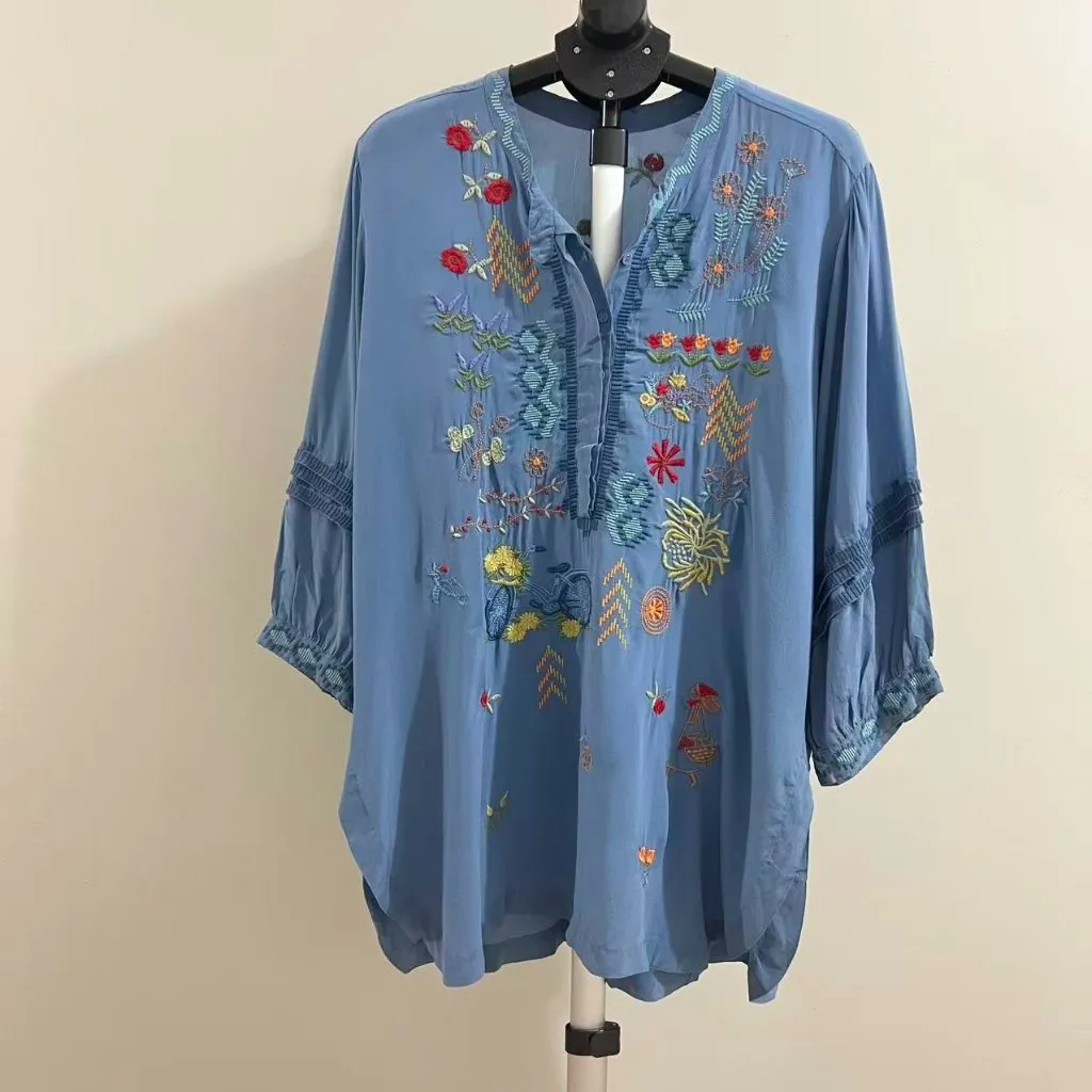 NWOT Johnny Was Biya Carden Tunic Silk Embroidered Floral Tunic Shirt Blouse L - Image 2