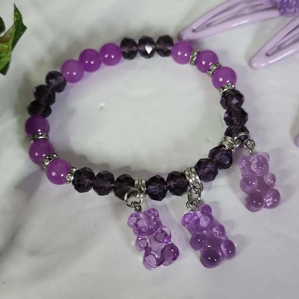 Purple Gummy Bear Stretch Bracelet and Matching Hair Clips - Image 2
