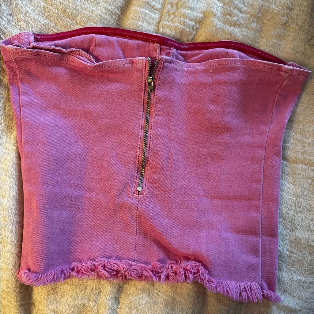 Pink Denim Strapless Denim Bustier Top - Image 2