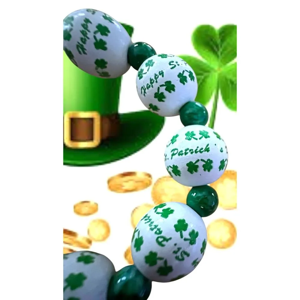 Happy St Patricks Day Shamrock Wood Beaded Stretch Bracelet Marbled Acce… Green - Image 7