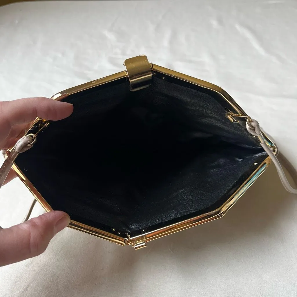 Vintage Taupe Leather Frame Clutch Shoulder Bag Gold Hardware 70s Evening Purse Tan - Image 4