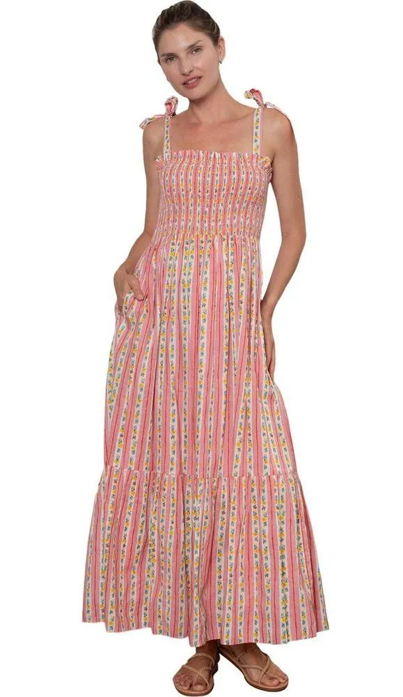 Ophelia & Indigo Mia Dress Smocked Floral Pink Maxi Dress with Bow Straps Sz XS - Image 12