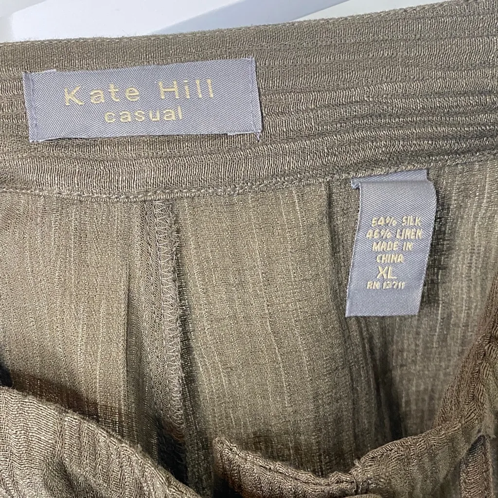 Kate Hill Silk and Linen Olive Wide Leg Trousers - Image 2
