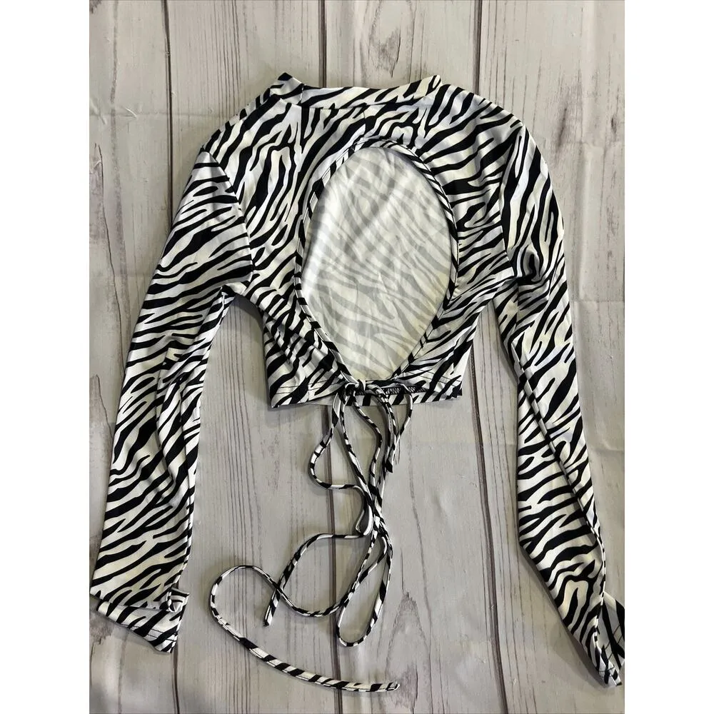 SHEIN Zebra Print Cropped Backless Long Sleeve Top Black White Y2K Women’s S - Image 2