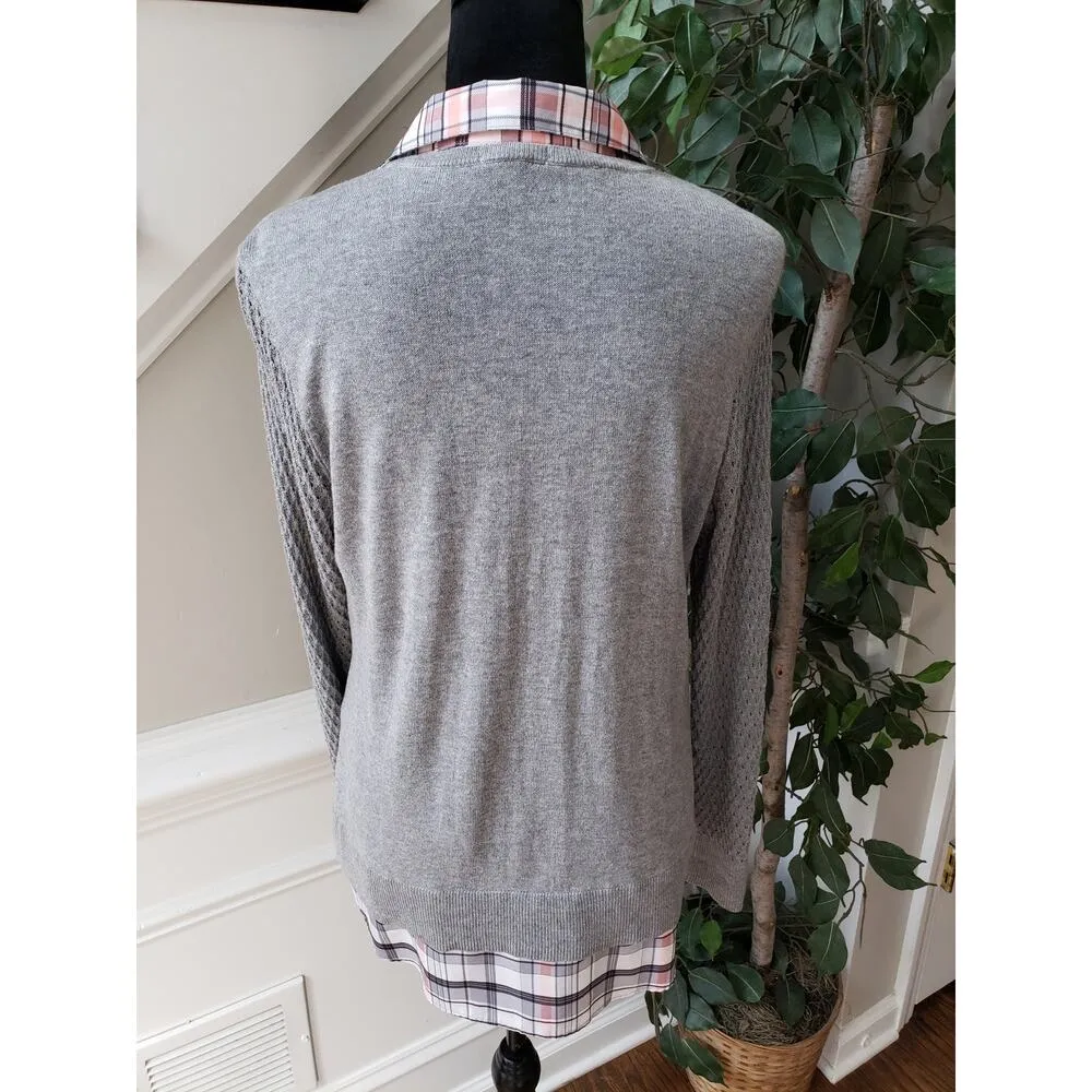 Croft & Barrow 2-Fer Sweater Womens Petite Large Gray with Snowy Tartan Plaid - Image 5