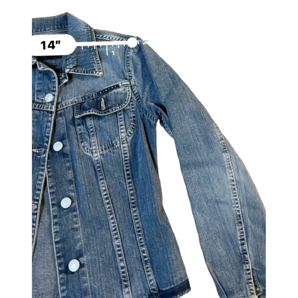 Sisley Women Denim Jean Distressed Jacket from Italy Size XS Sku 1087 Blue - Image 3