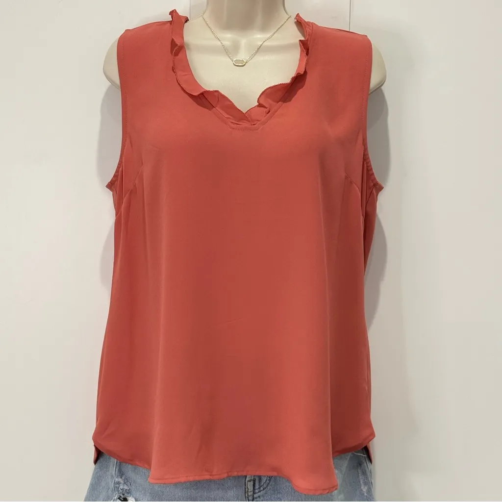 Ann Taylor Coral Ruffle V-Neck Blouse Small Sleeveless Summer Chic Workwear New - Image 2