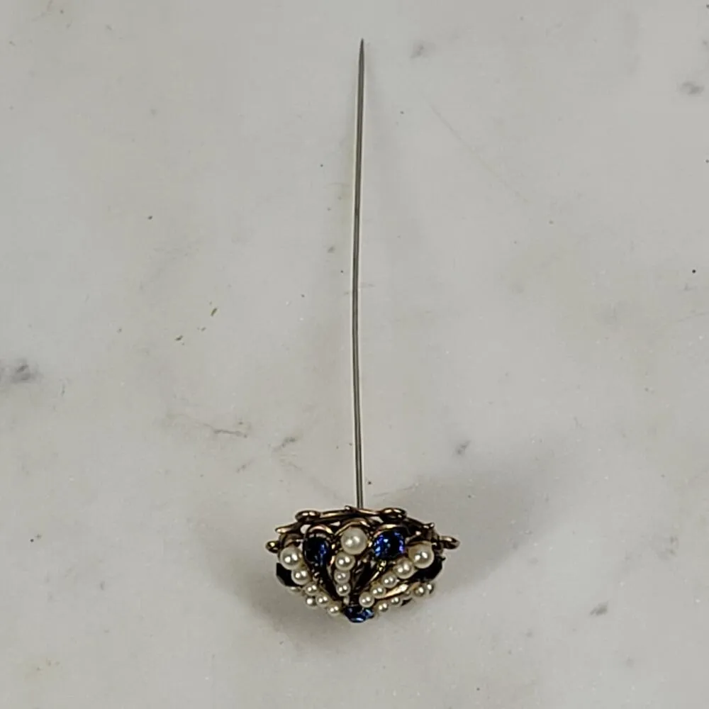 Antique Rhinestone Seed Pearl Hat Pin 4" Metallic Blue Golden Flower Lapel Stick Gold - Image 11