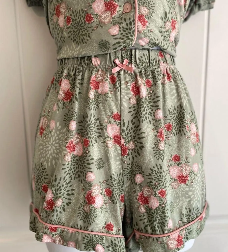 Balletcore Floral Green & Pink Satin Bow Pajama Set by Cynthia Rowley Sz Medium - Image 6