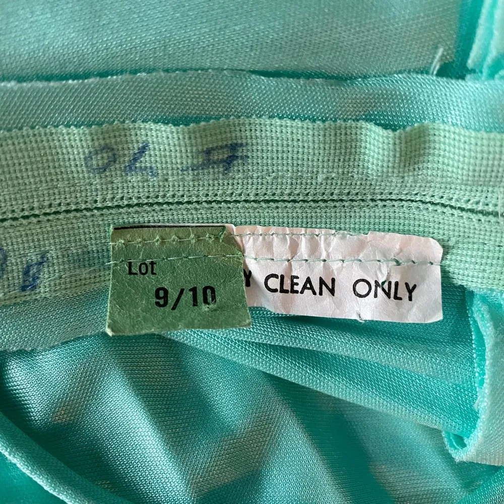 Vintage 70s Pleated Maxi Dress w Sheer Cape Mint Green Tie Spaghetti Strap Small - Image 14