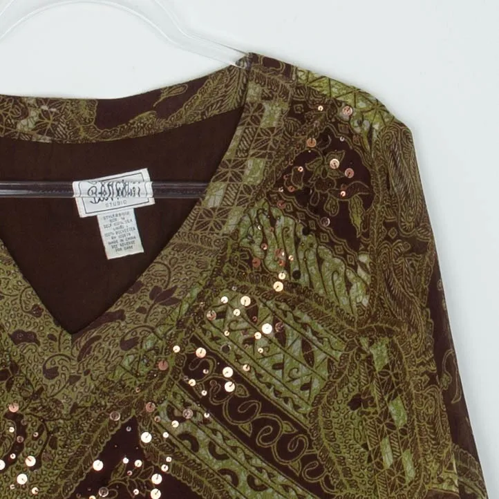 Bob Mackie Womens Art To Wear Silk V Neck Sequin Top Size 14 3/4 Sleeve Office - Image 2