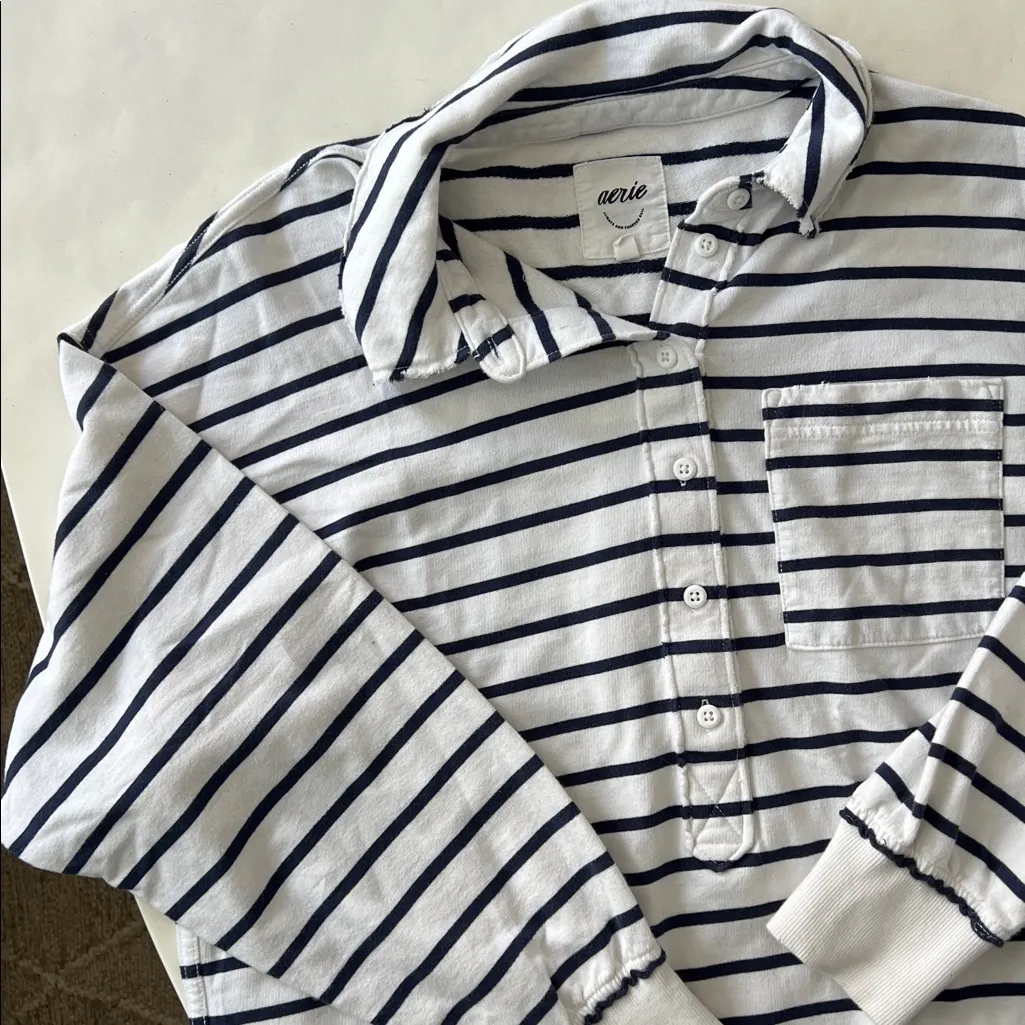 Aerie Take It Easy Sporty Popover Polo Sweatshirt White & Navy Stripe XS - Image 4