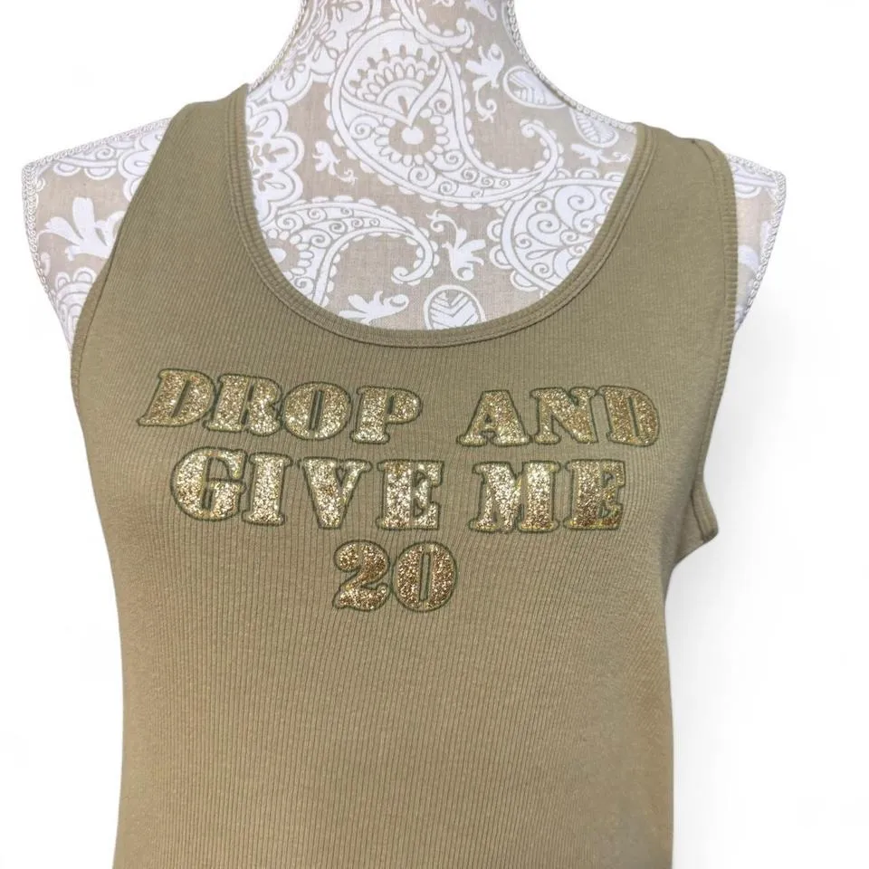 No Boundaries Olive Green Ribbed Tank Top Gold Glitter Graphic Y2K Streetwear XL - Image 2