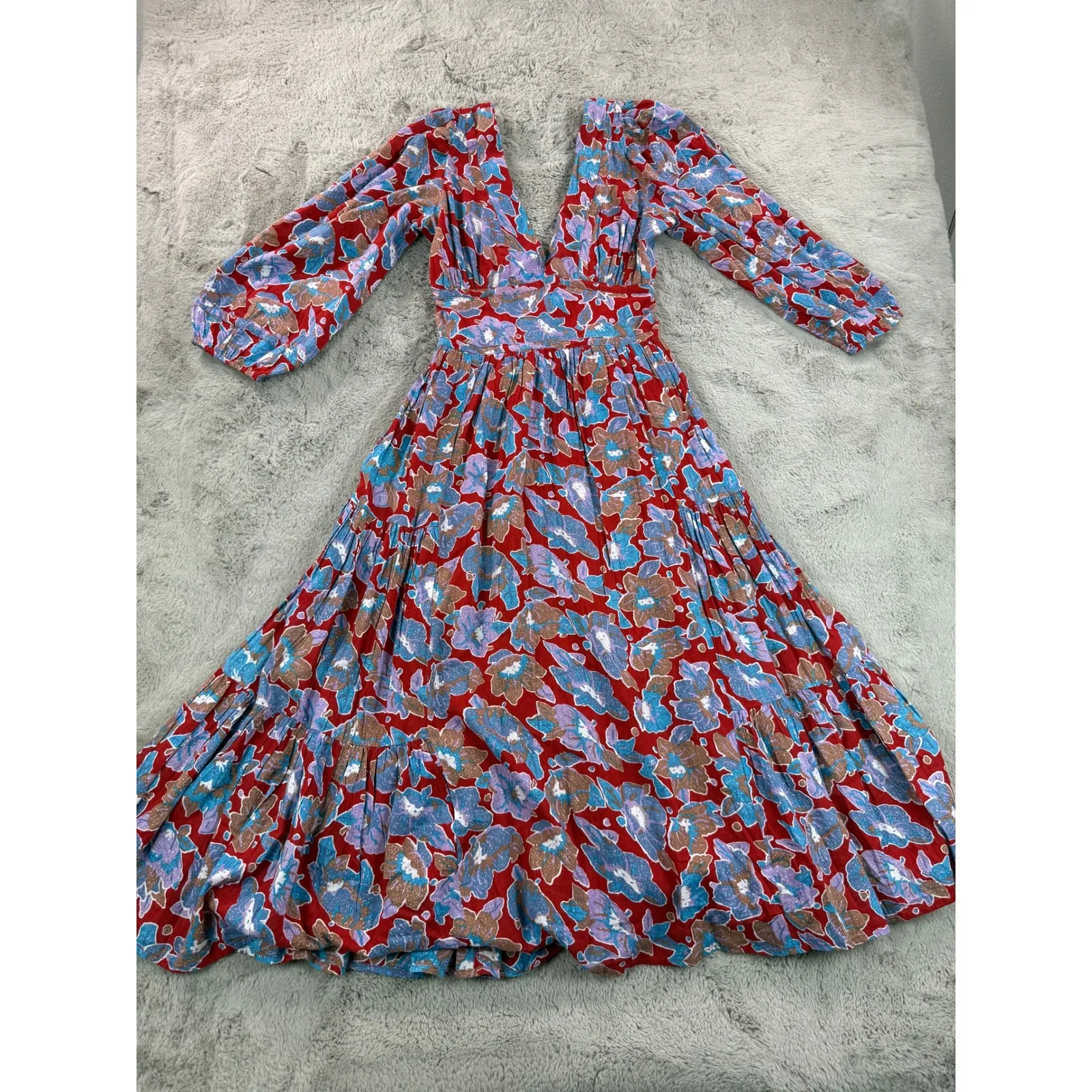 NWT Caroline Constas Dress XS Frenchie Print Floral Long Sleeve Maxi Boho Tiered Red - Image 7