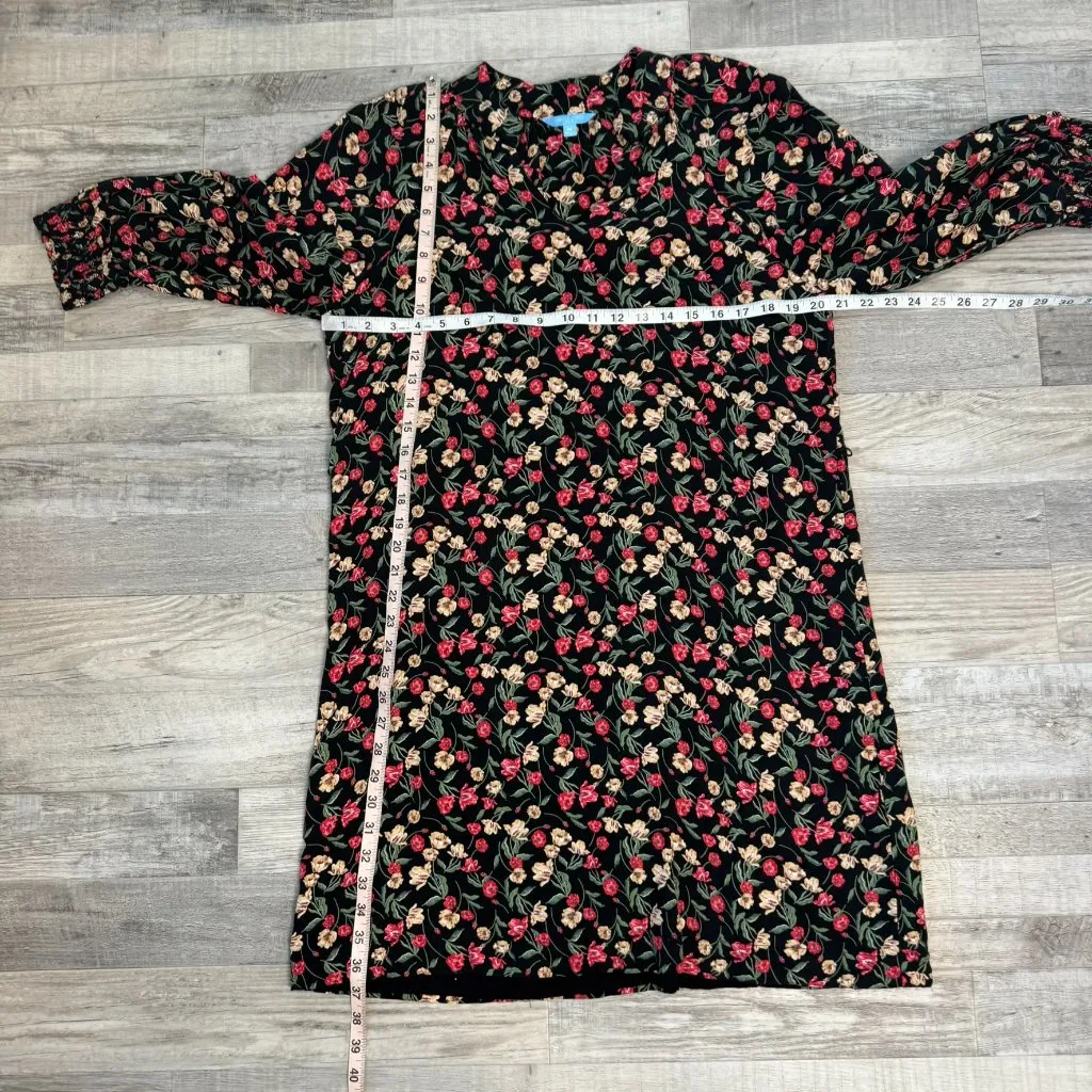 Draper James Black Floral V-Neck 3/4 Sleeve Shift Dress Belt Loops K34 - Image 3