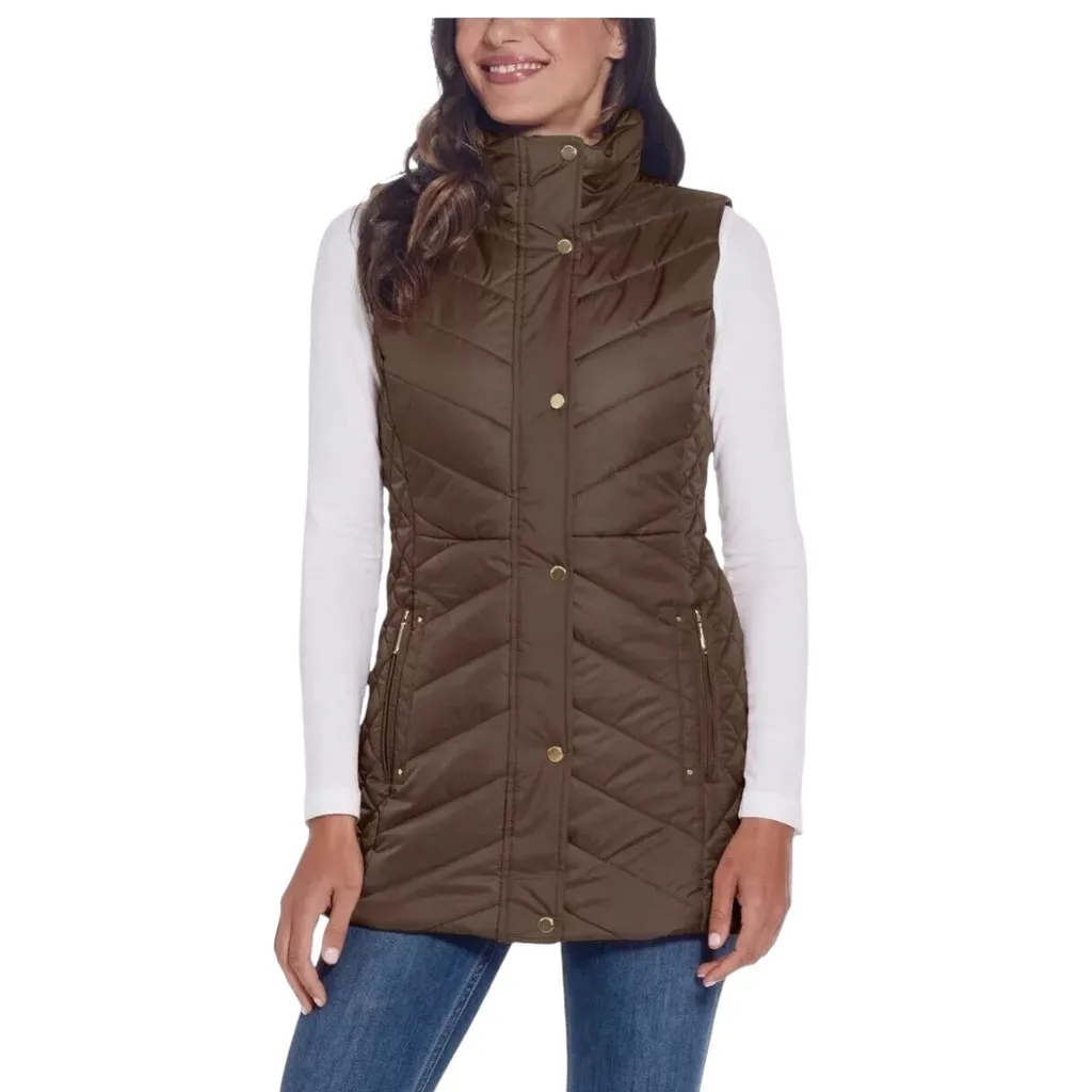 Weatherproof Brown Quilted Puffer Vest XXL Gold Snap Accent Zip Pockets EUC - Image 4