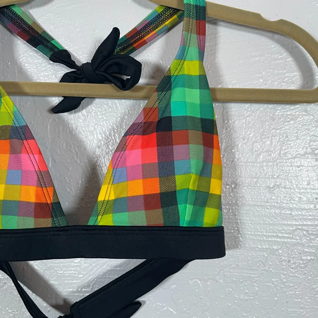 Patagonia Women XL Pink Green Plaid Bikini Top Triangle Halter Tie Padded Summer - Image 2