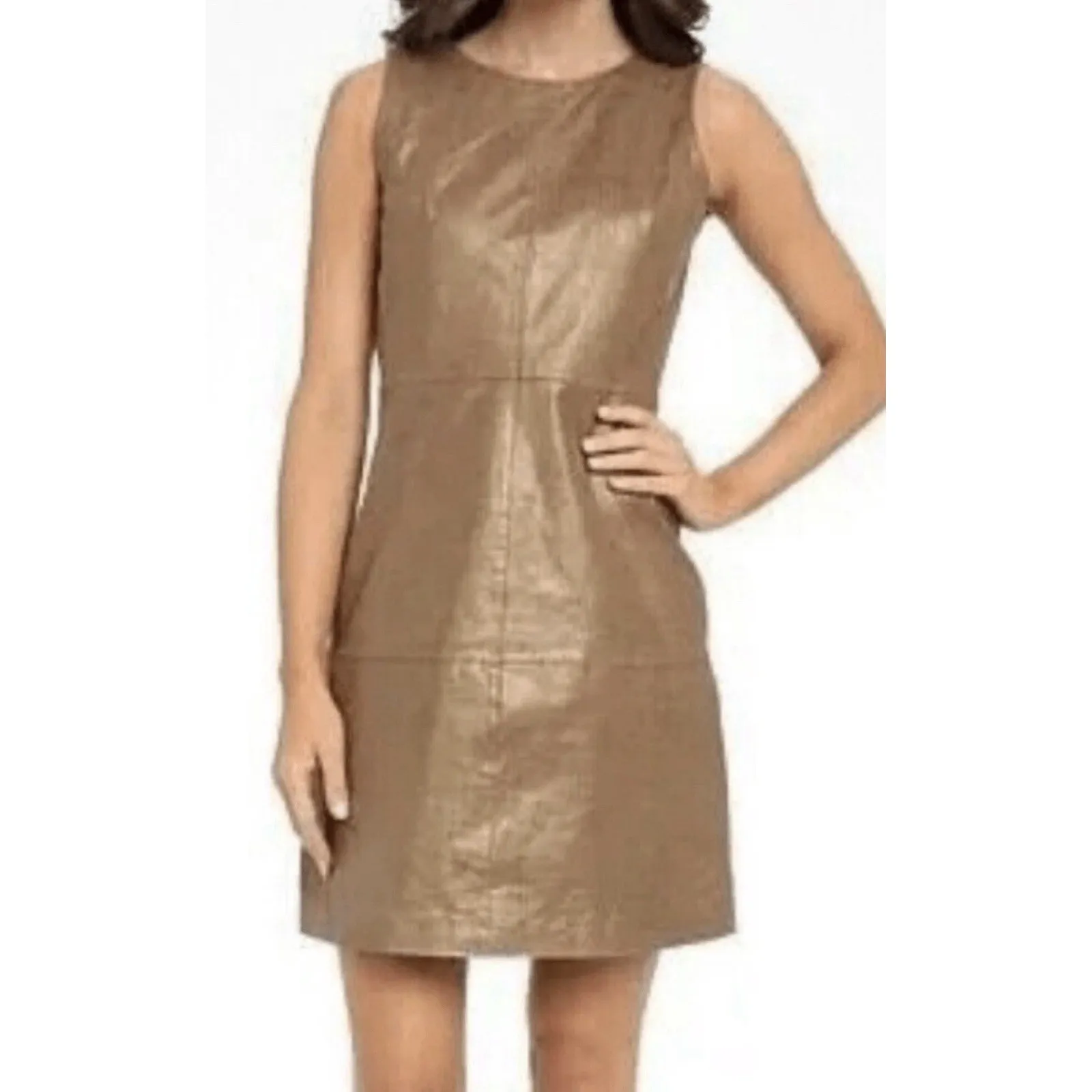 Badgley Mischka "Belle Sleeveless brown Gold Genuine Leather Dress Sz 12 Elegant - Image 11