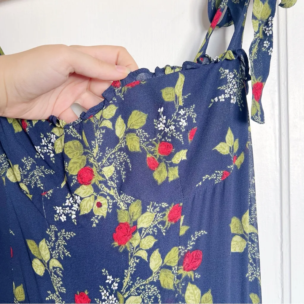 Reformation • Nikita Midi Dress in Bordeaux navy blue floral tie strap ruffle - Image 8
