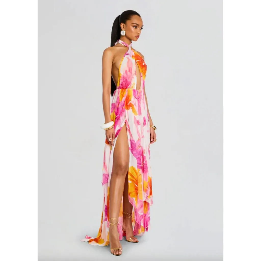 retrofete Ina Chiffon Maxi Dress Bianco Primavera Womens Size Medium Pink - Image 3