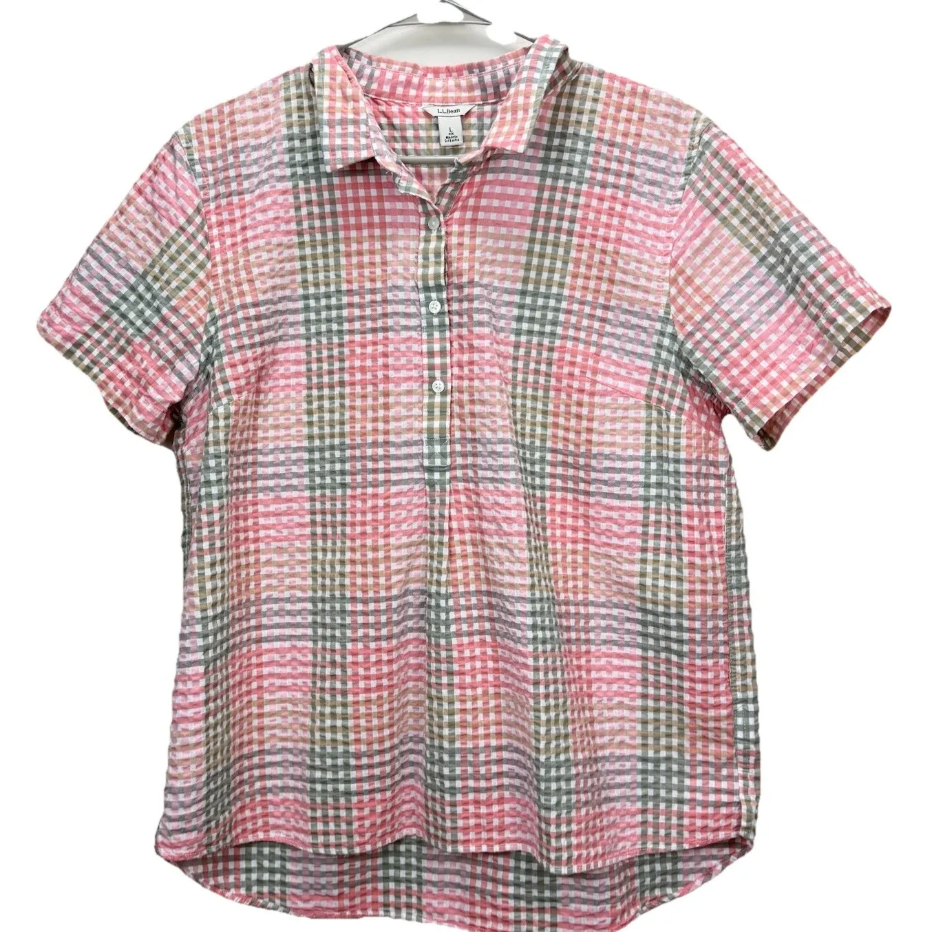 LL Bean Vacationland Seersucker Short Sleeve Popover Plaid Shirt LARGE - Image 5