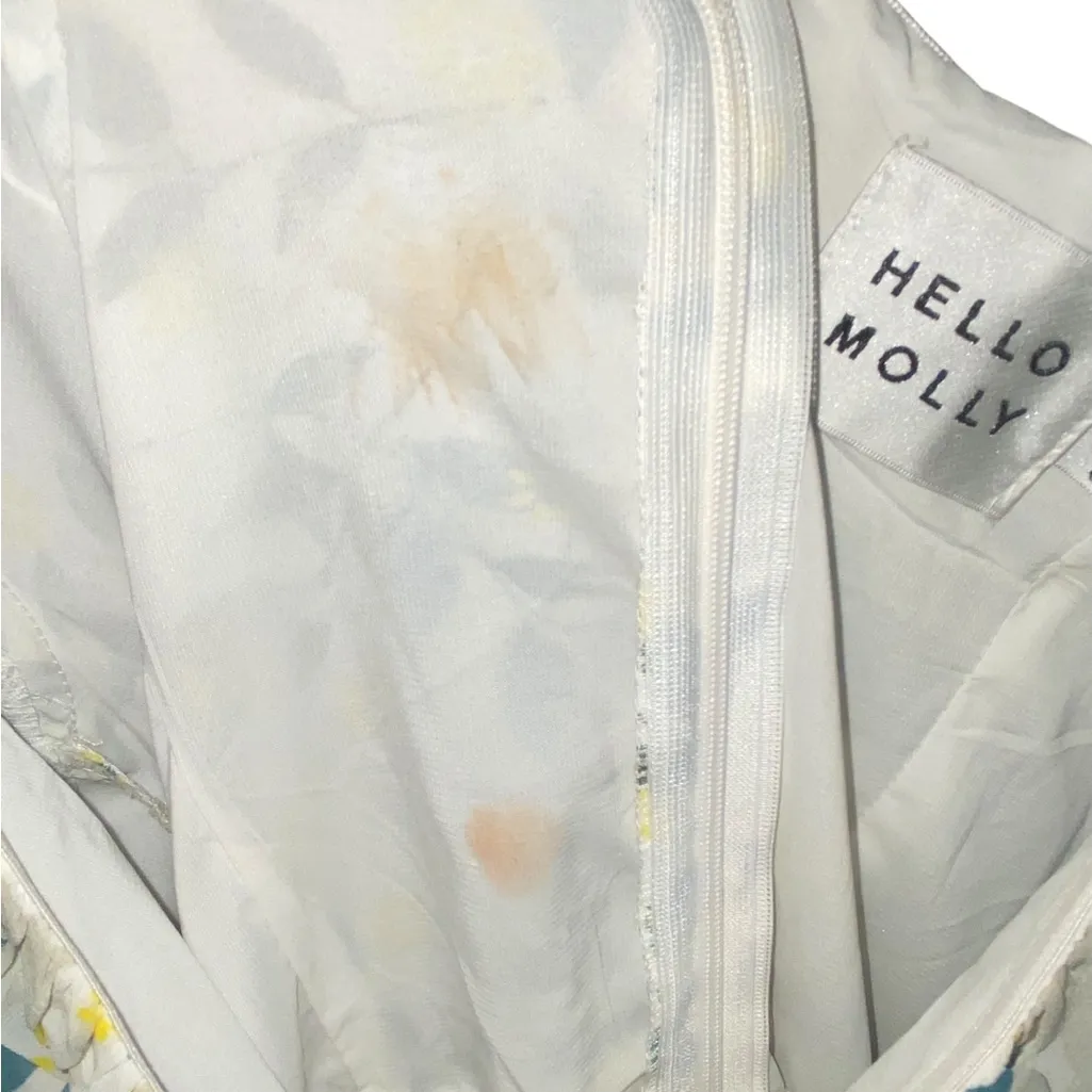 Hello Molly Double Text yellow green multi leaf Ruffle milkmaid Mini dress sz L - Image 10