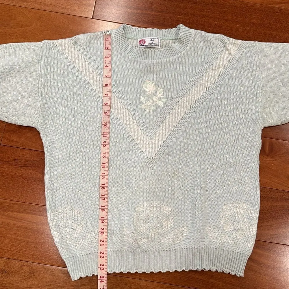 Isle Of Cotton Vintage Embroidered Short Sleeve Sweater size XL Green - Image 13