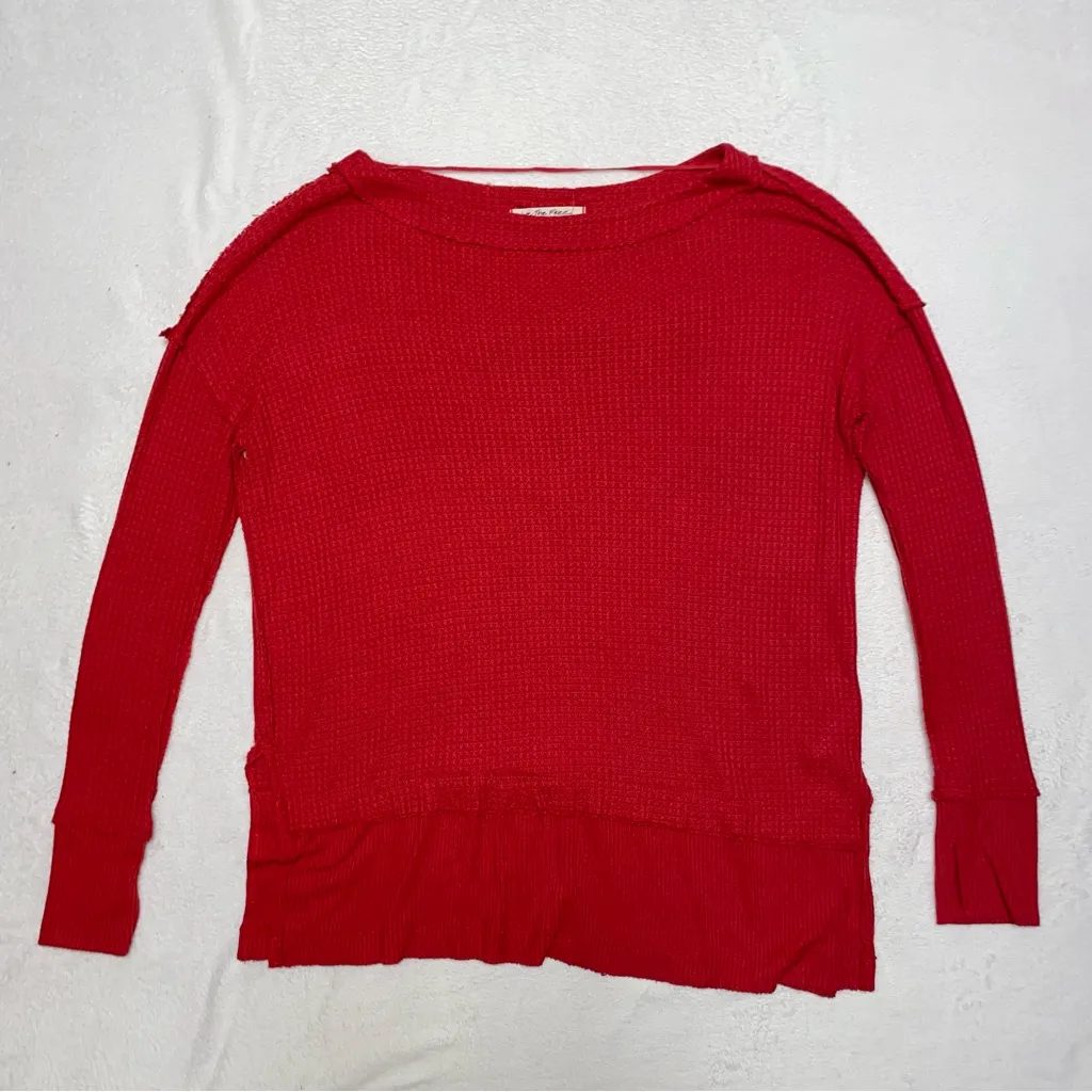Womens Free People North Shore Red Waffle Knit Thermal Long Sleeve Top siz Small - Image 2
