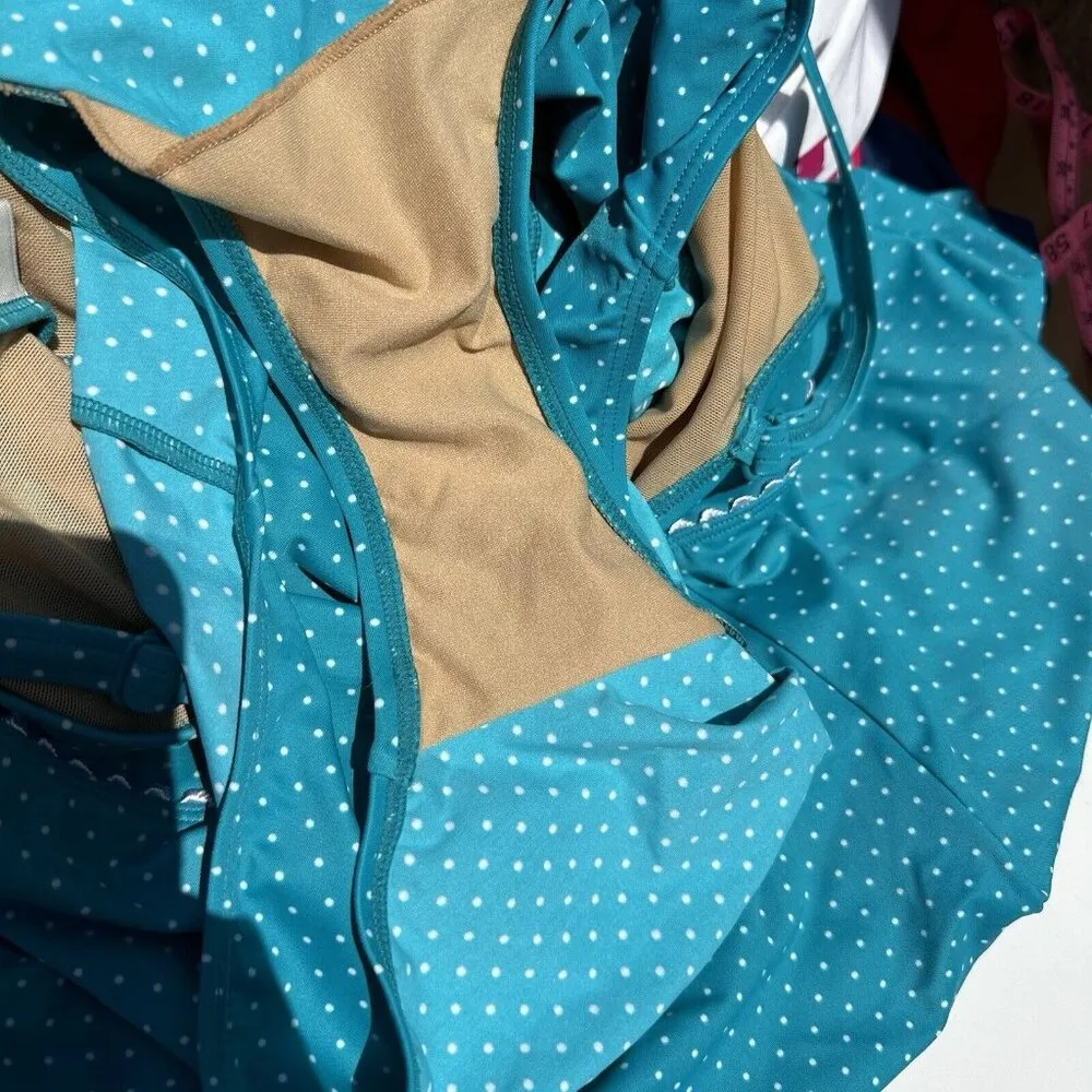 LL Bean Empire Swim Dress One Piece Swimsuit Teal Polka Dot Size 12 UPF 50+ - Image 8