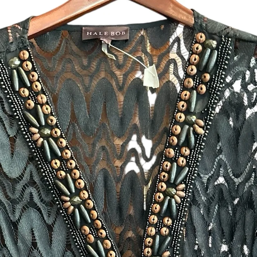 Hale Bob Women's Black Lace V-Neck Beaded‎ Long Sleeve Blouse S - Image 3