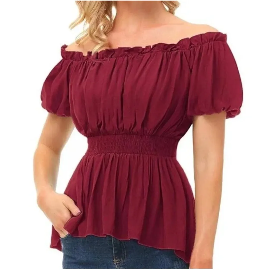 Scarlet Darkness Top Large Peasant Bardot Ruffle Blouse Smocked‎ Waist Shirt Orange - Image 5