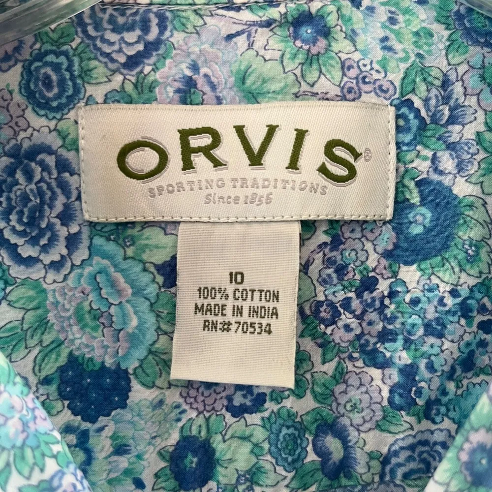 Orvis Sz 10 Blue Ditsy Floral Button Up Shirt Blouse Mock Ruffle Neck - Image 2